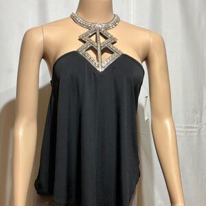 Moa Moa Black Embellished Asymmetrical Sleeveless Blouse